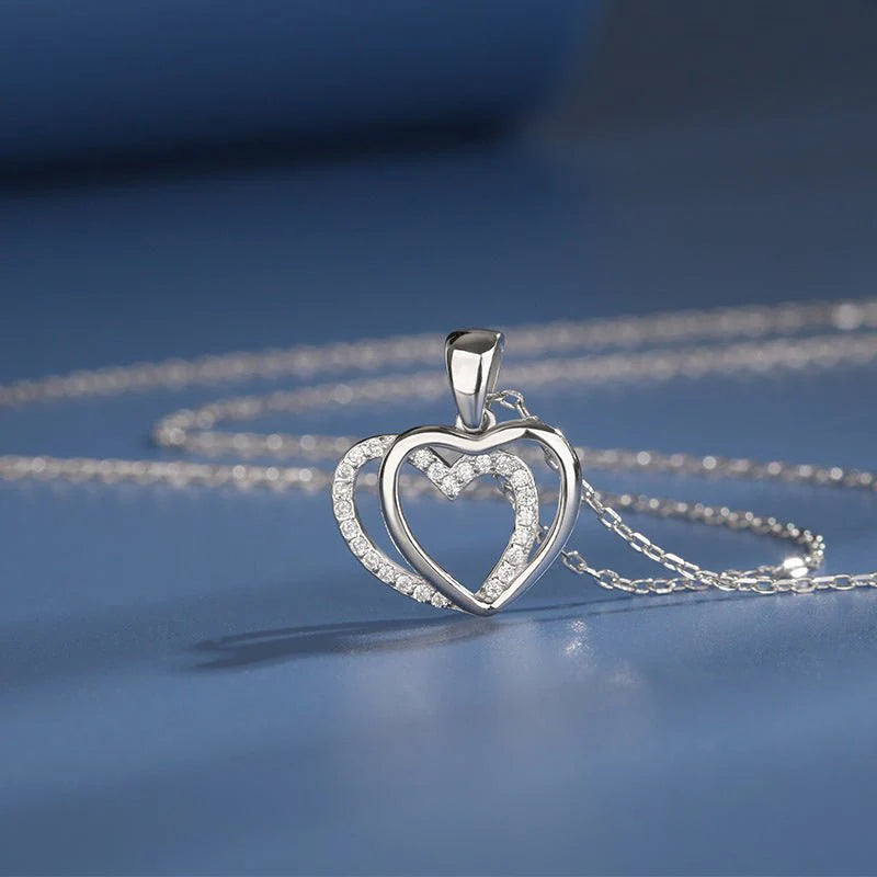 925 Sterling Silver Double Heart-Shaped Necklace for Women Summer