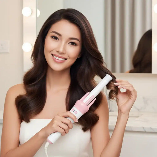 Woman using a hair straightener with a blurred background