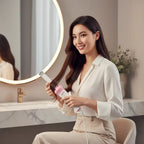 Woman styling her hair with a hair straightener in a bathroom setting