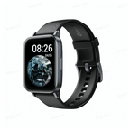 Black smartwatch with a display showing the time and date on a white background