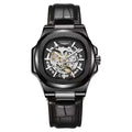 Black wristwatch with visible brand name on a white background