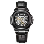 Black wristwatch with visible brand name on a white background