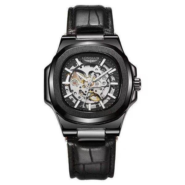 Black wristwatch with visible brand name on a white background