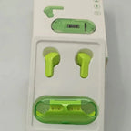 Green earbuds in a white packaging with a USB cable on a gray background