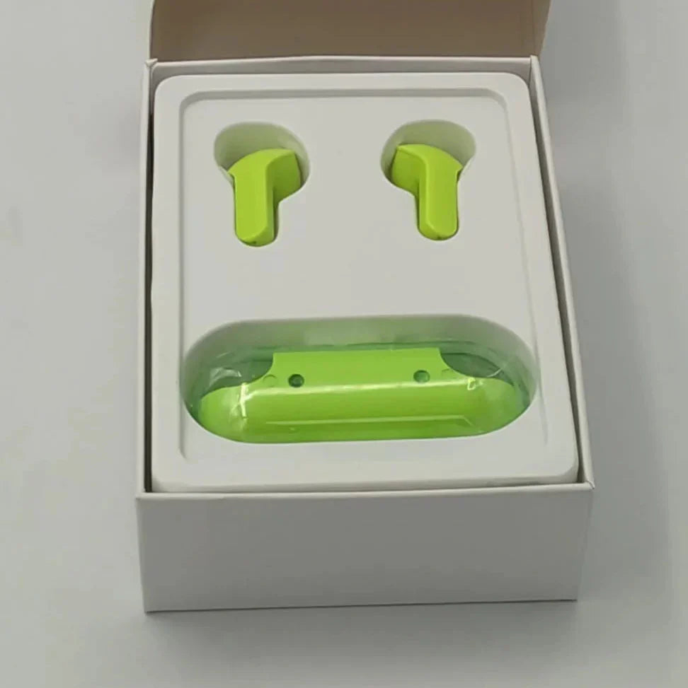Green wireless earbuds in open box with packaging labeled 'AIR 33' on a gray background