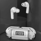White wireless earbuds with charging case on a reflective surface