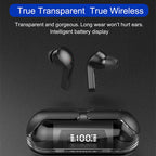 Black wireless earbuds with transparent design and charging case on a dark background