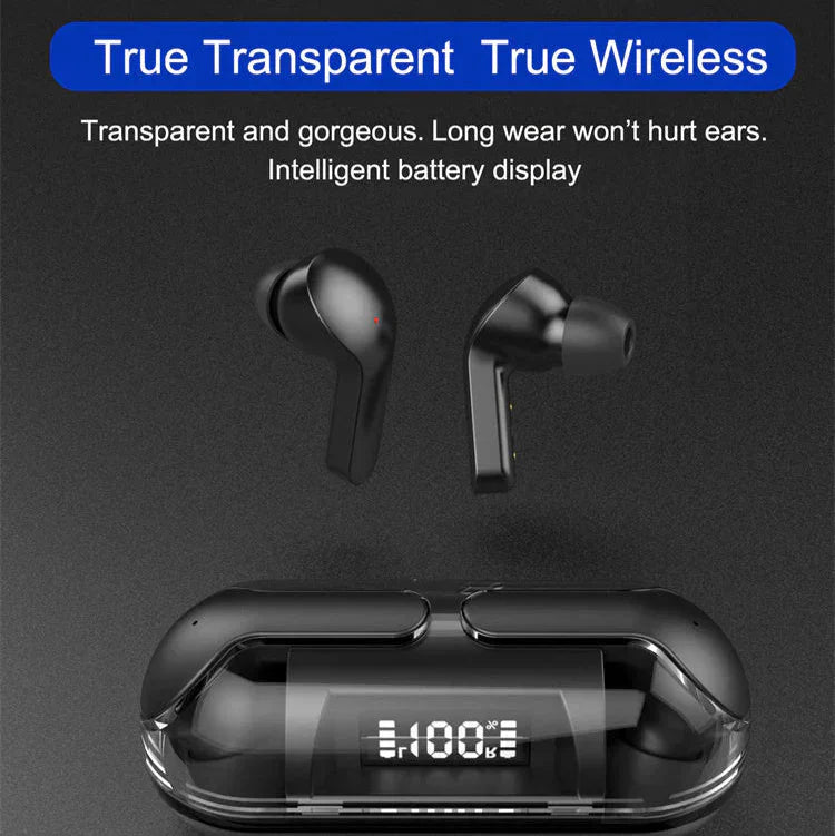 Black wireless earbuds with transparent design and charging case on a dark background