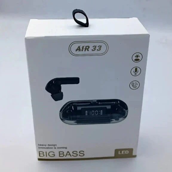 White box with black air purifier illustration and 'AIR 33' branding on a white background