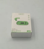 Green electronic device packaging with 'BIG BASS' text on a white background