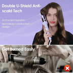Woman holding a hair styling tool with text about Double U-Shield Anti-scald Tech on a purple background.