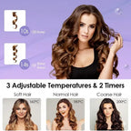 Woman with styled hair and text about adjustable temperatures and timers for hair styling devices.