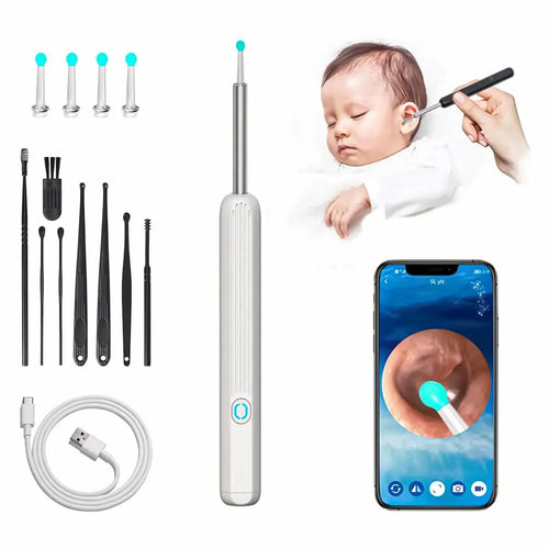 Ear cleaning tool set with smartphone app, baby, and ear cleaning tools on a white background
