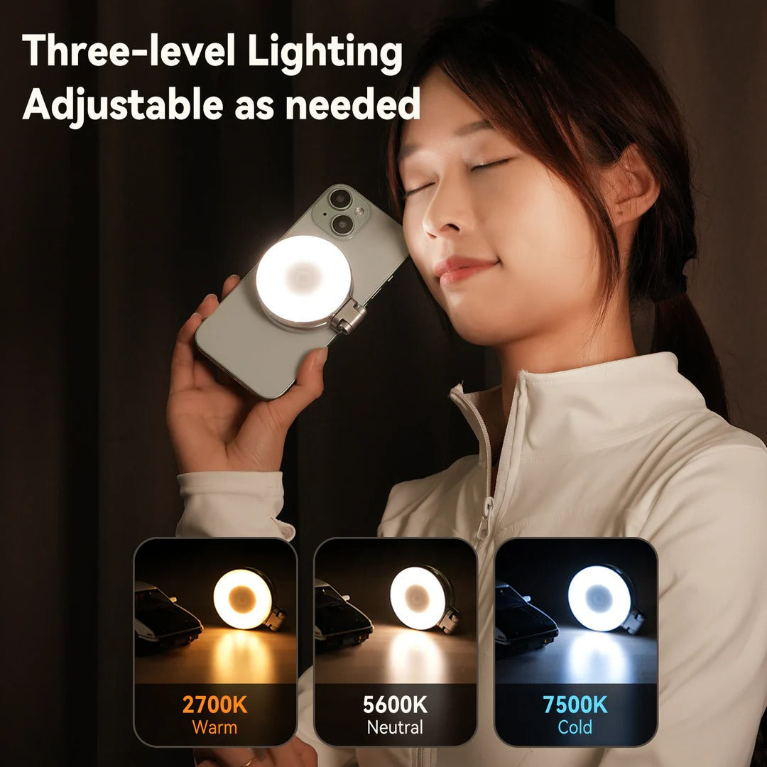 Person using a phone with a ring light, showing three-level lighting options. telesen souqazam