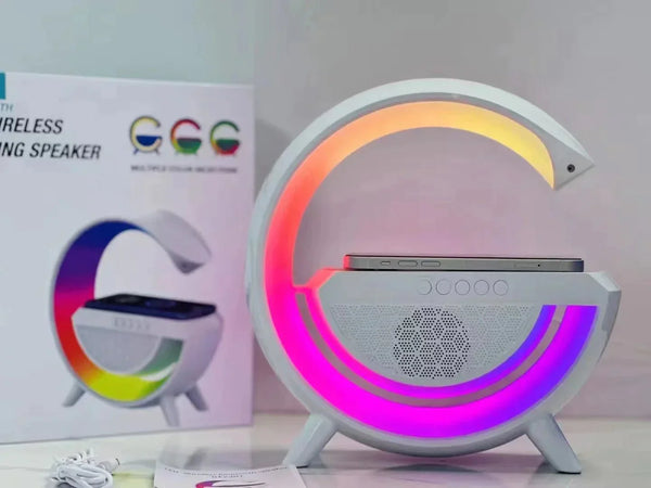 Smart LED Table Lamp Wireless Charger, Night Light, Alarm Clock, and Bluetooth Speaker