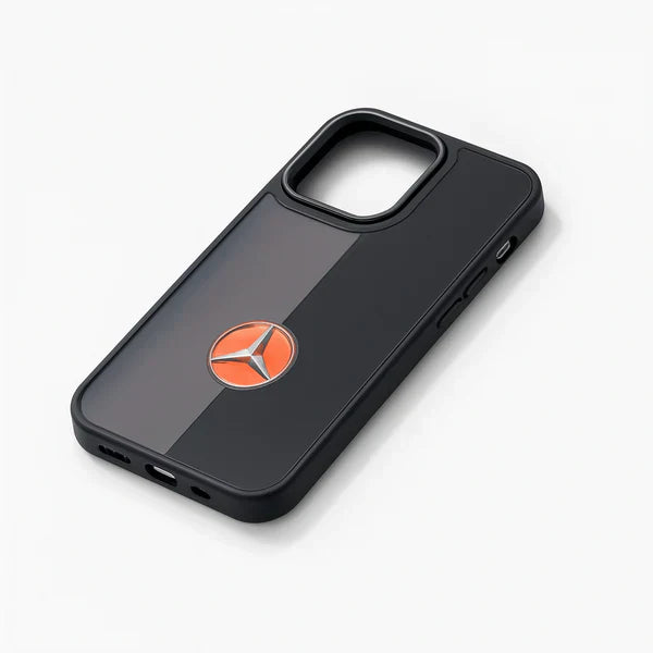 Black phone case with Mercedes-Benz logo on a white background