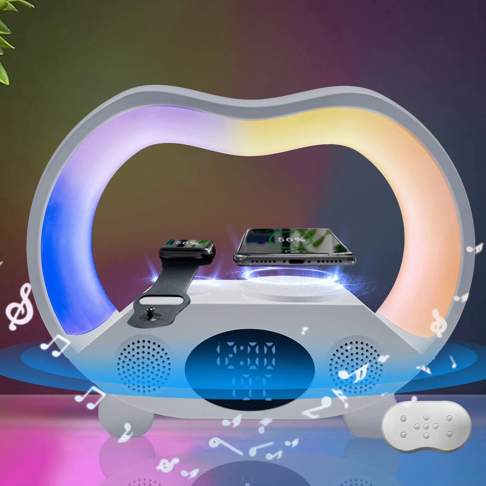 Multifunctional device with LED display, charging stations, and remote control on a colorful background