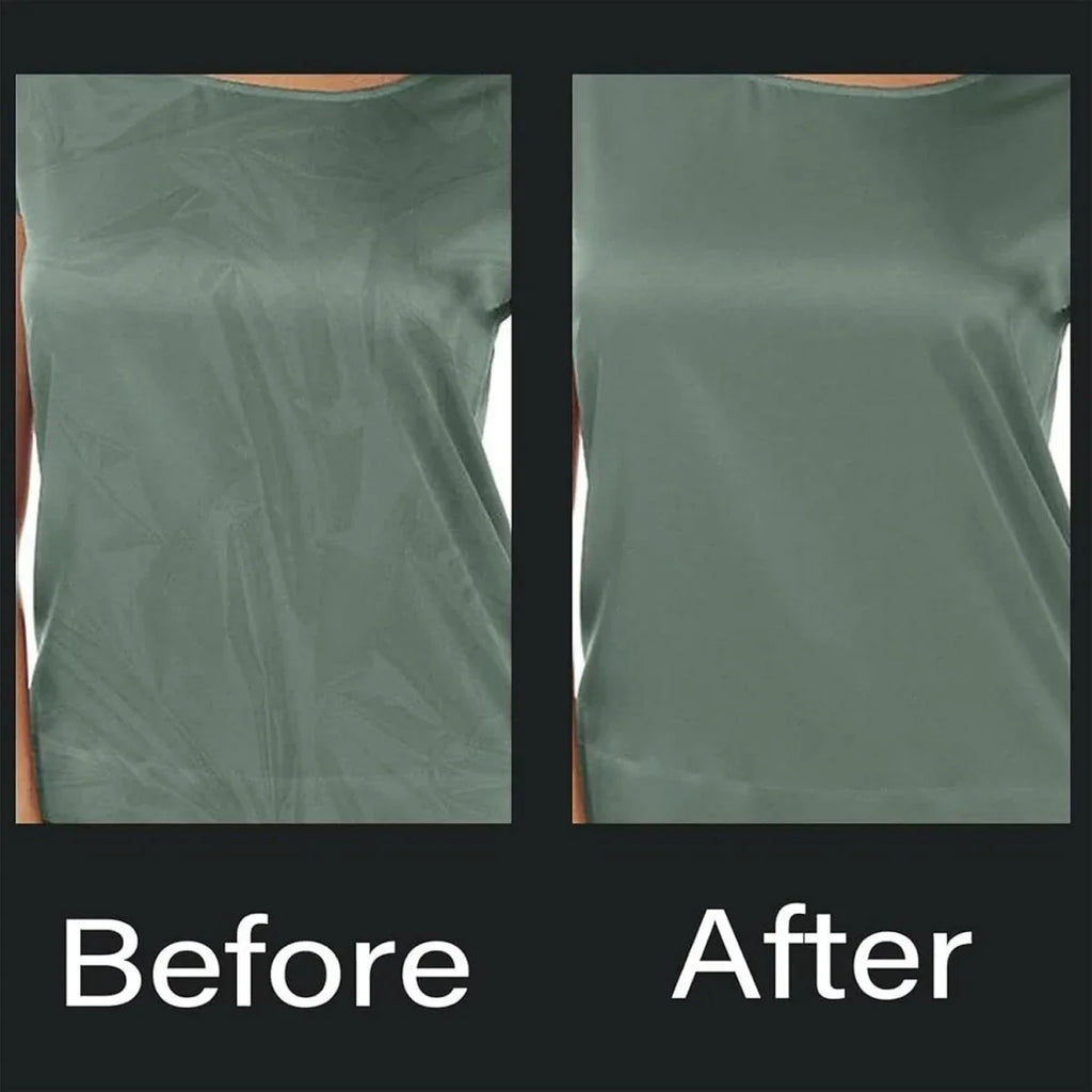 Comparison of a green shirt labeled 'Before' and 'After' on a black background.