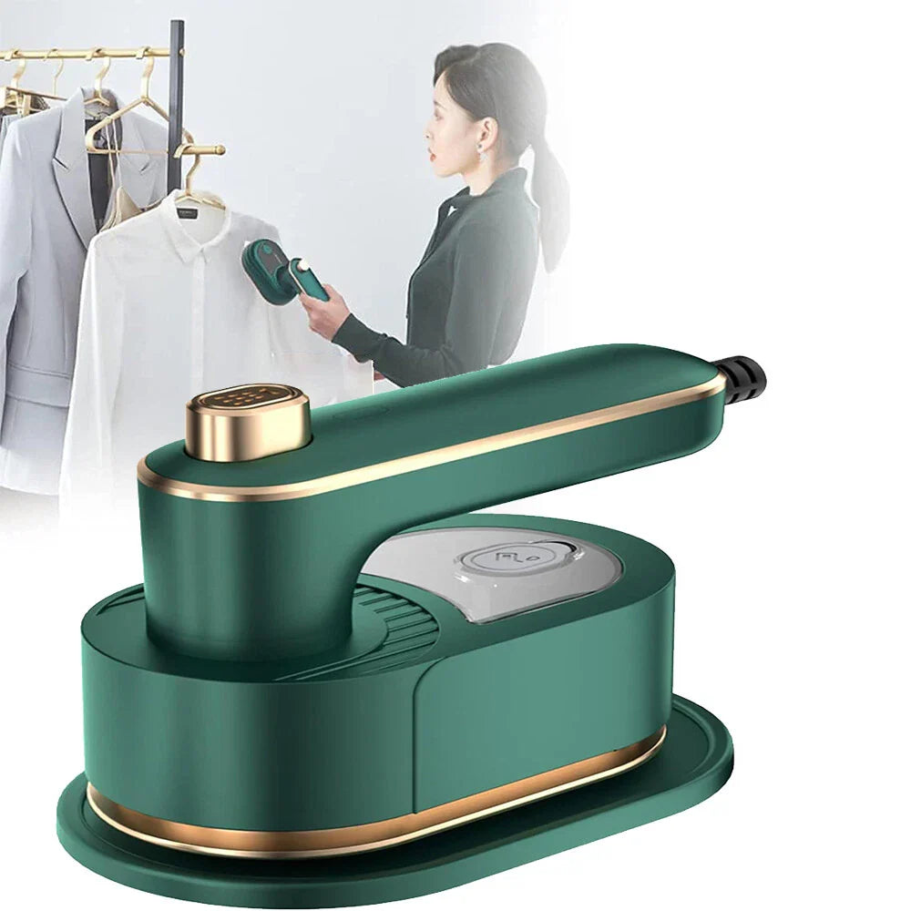 Green handheld steamer with a woman using it on a white background