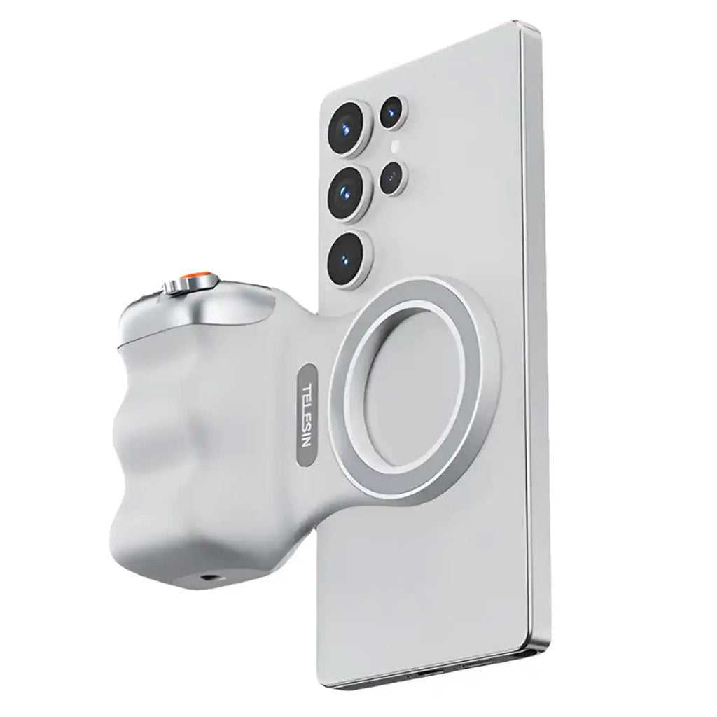 White electronic device with a cylindrical component on a white background