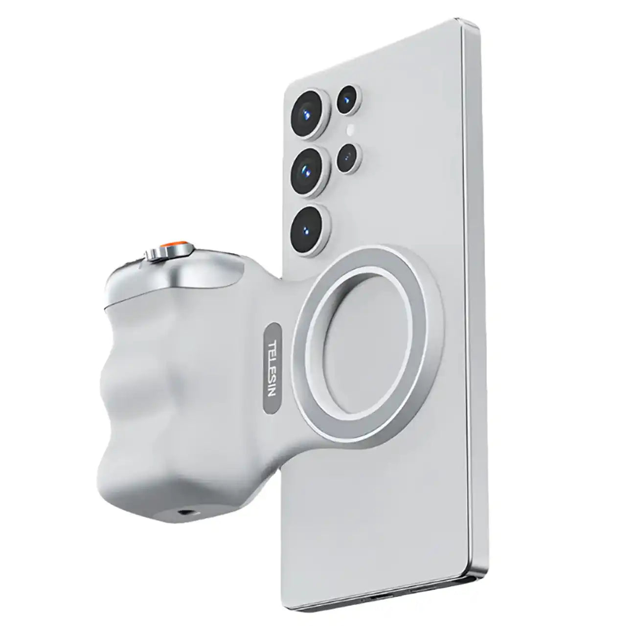 White electronic device with a cylindrical component on a white background